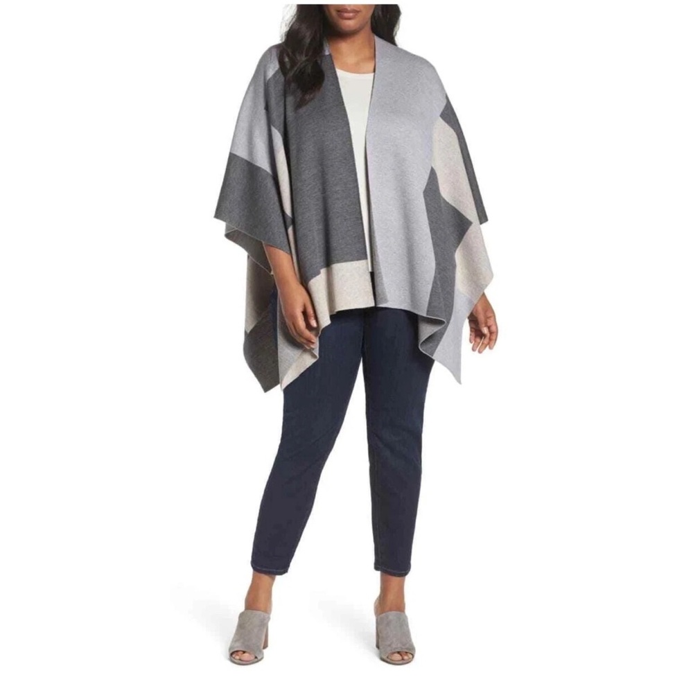 Eileen‎ Fisher 100% Merino Wool Poncho Cardigan Grey Colorblock Shaw Shrug Wrap